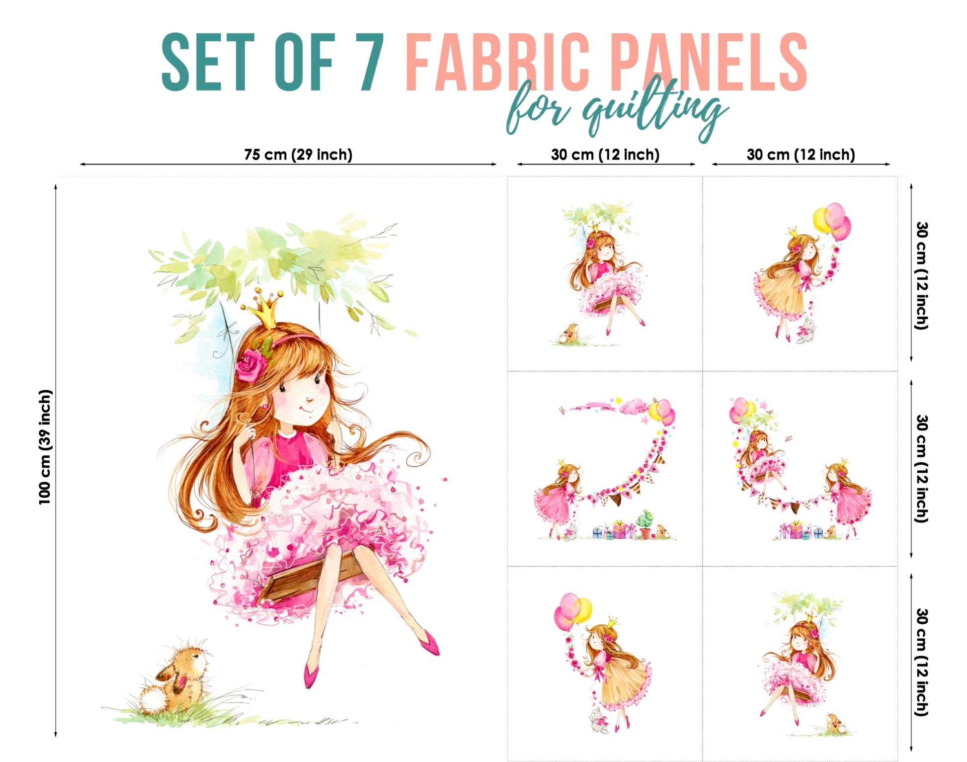 A set of 7 fabric panels featuring illustrated characters in pastel colors on a white background, intended for quilting and crafts.