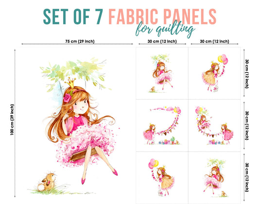 A set of 7 fabric panels featuring illustrated characters in pastel colors on a white background, intended for quilting and crafts.