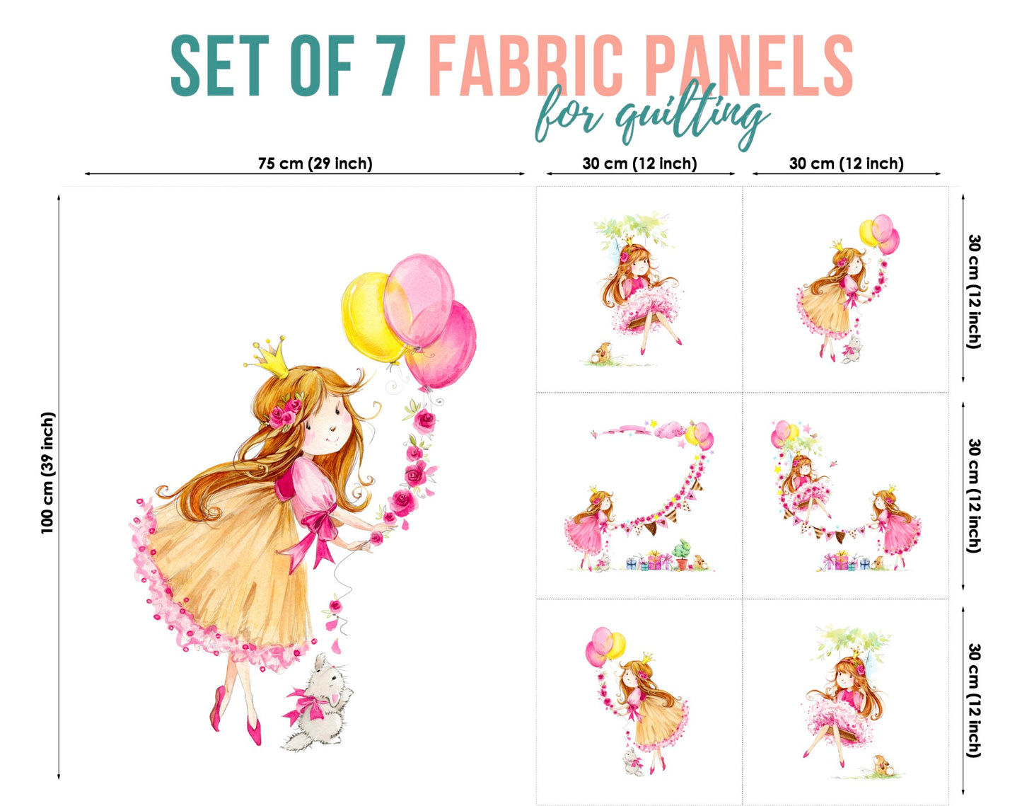 A set of 7 fabric panels featuring illustrations of a princess character in various poses with balloons.