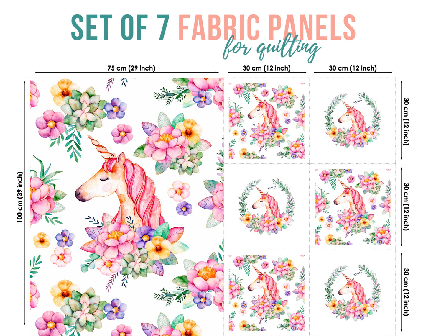 A set of 7 fabric panels featuring a unicorn and floral pattern, with varying sizes listed in the image.