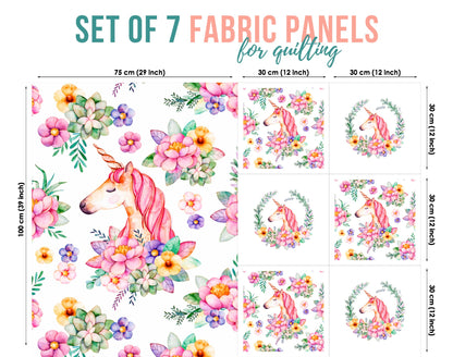 A set of 7 fabric panels featuring a unicorn and floral pattern, with varying sizes listed in the image.