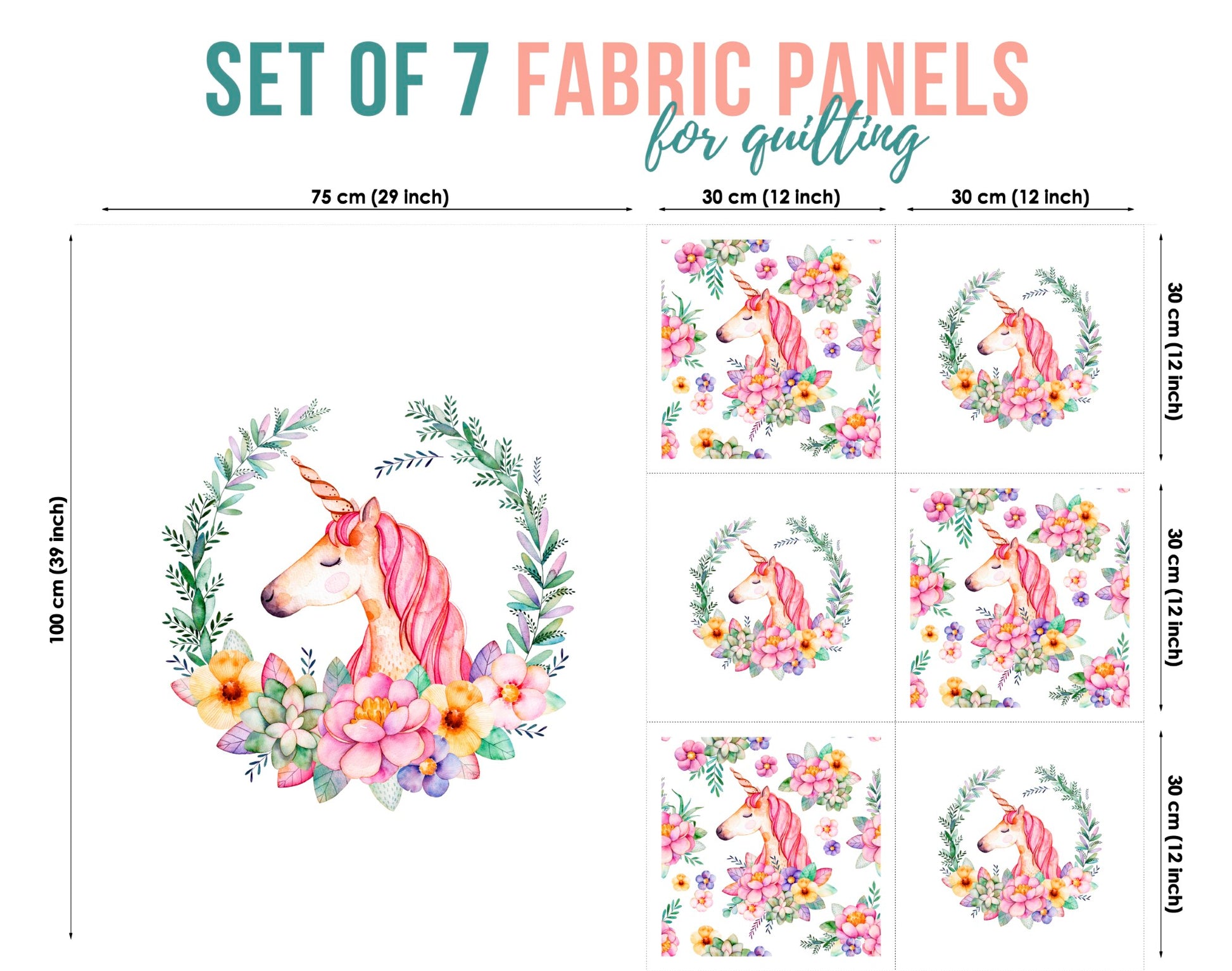 A set of 7 fabric panels featuring a unicorn and floral pattern in vibrant colors, intended for sewing and quilting projects.