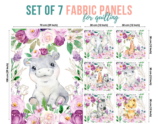 A set of 7 fabric panels with a floral and safari animal theme, including prints of a giraffe, lion, zebra, and possibly other animals amidst purple and pink flowers.