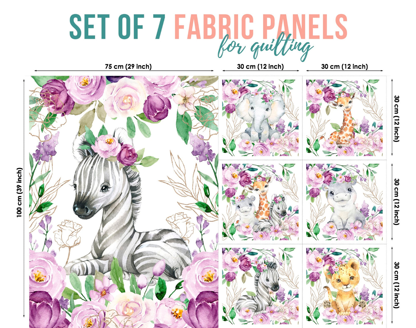 A set of 7 fabric panels with a floral and animal pattern, intended for quilting and crafting.
