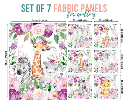 A set of 7 fabric panels with a floral and safari animal theme, including prints of a giraffe, lion, zebra and hippo amidst purple and pink flowers.