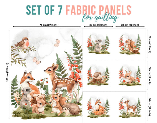 A set of seven fabric panels featuring various cute animal characters such as a deer, squirrel, and bird in a forest setting. 