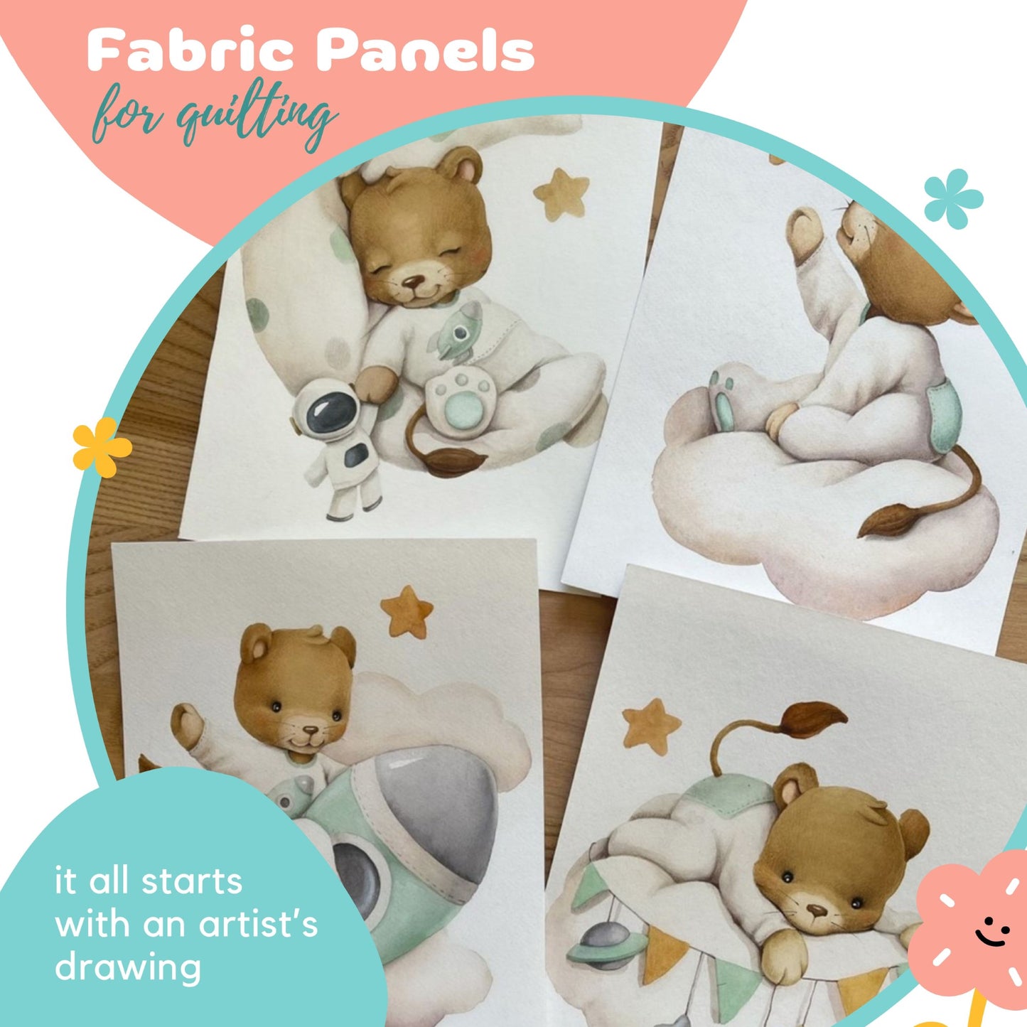 Space Baby Lion Fabric Panels for Quilting