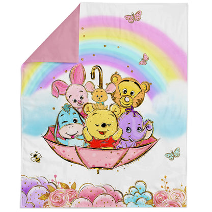 A fabric panel featuring colorful character illustrations from Winnie the Pooh, depicted in a boat setting, with a pink and blue color scheme and decorative elements around.