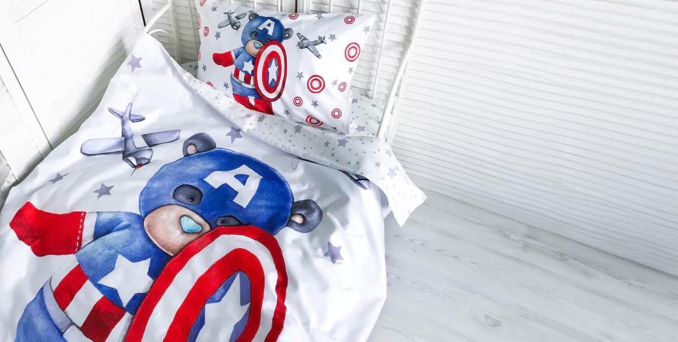 Children's bedding set with Captain America design on a white background