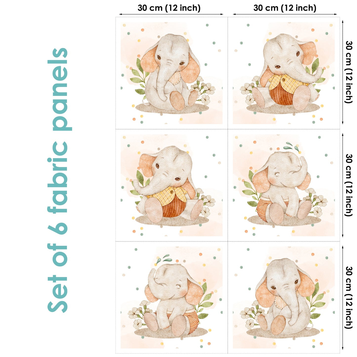 Set of 6 fabric panels with elephant designs, each 30 cm x 30 cm.