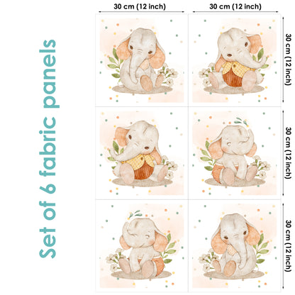 Set of 6 fabric panels with elephant designs, each 30 cm x 30 cm.