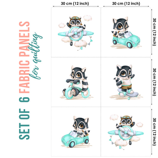 Baby Boy Raccoon Pilot Fabric Panels for Quilting