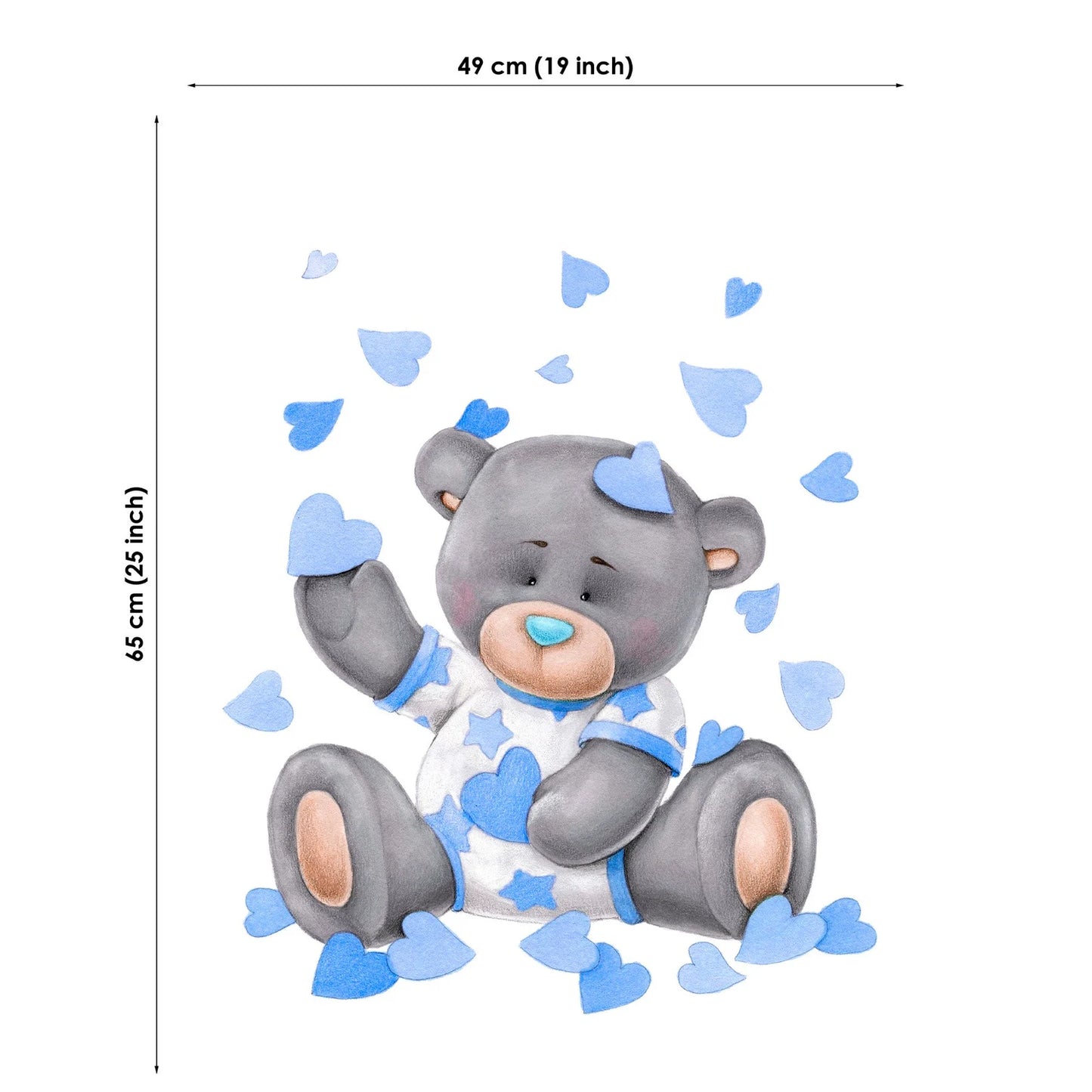 Illustration of a teddy bear with blue hearts and measurements on a white background
