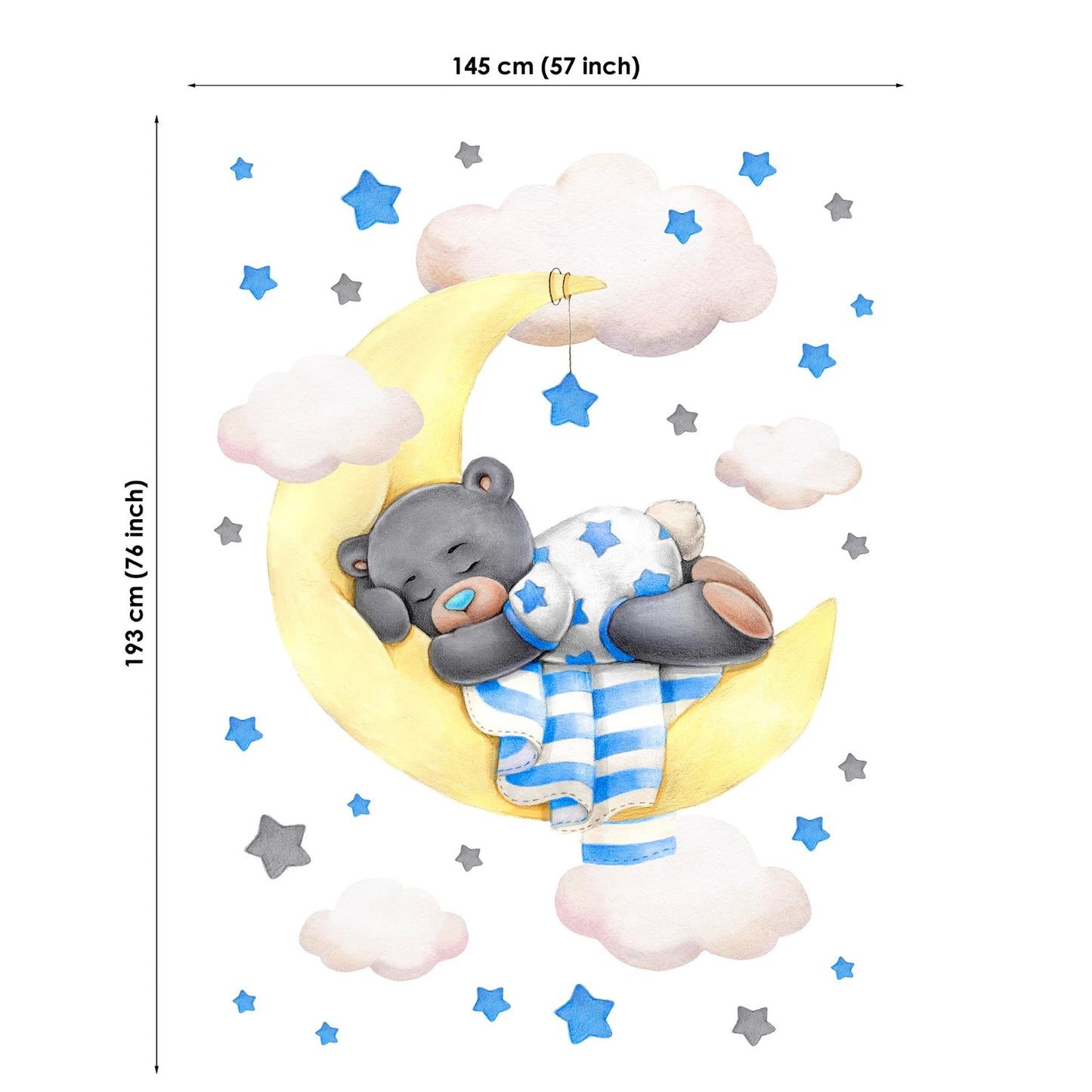 Wall decal of a bear in pajamas on a moon with stars and clouds, with dimensions displayed.