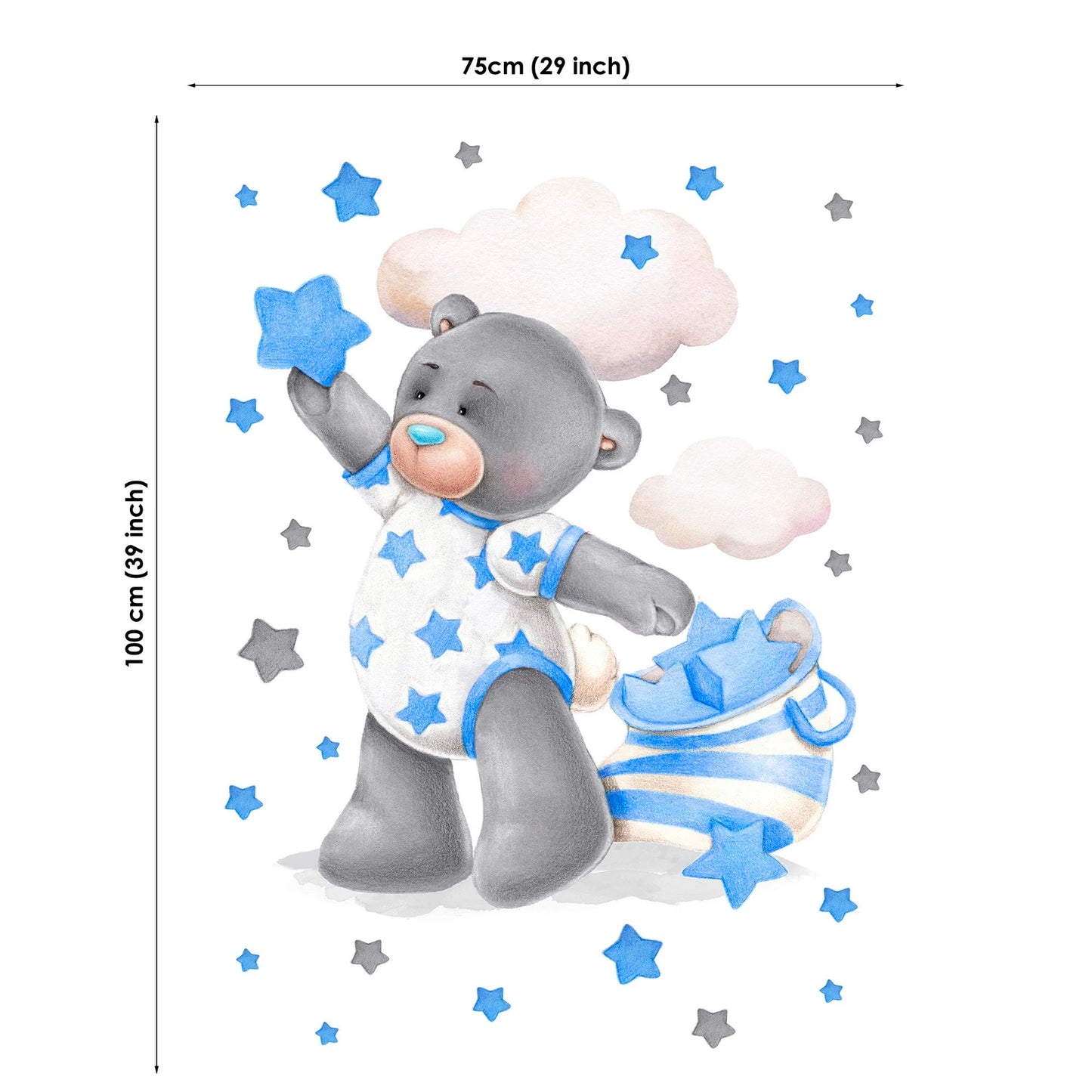 Wall decal of a teddy bear with stars and clouds, showing dimensions on a white background.