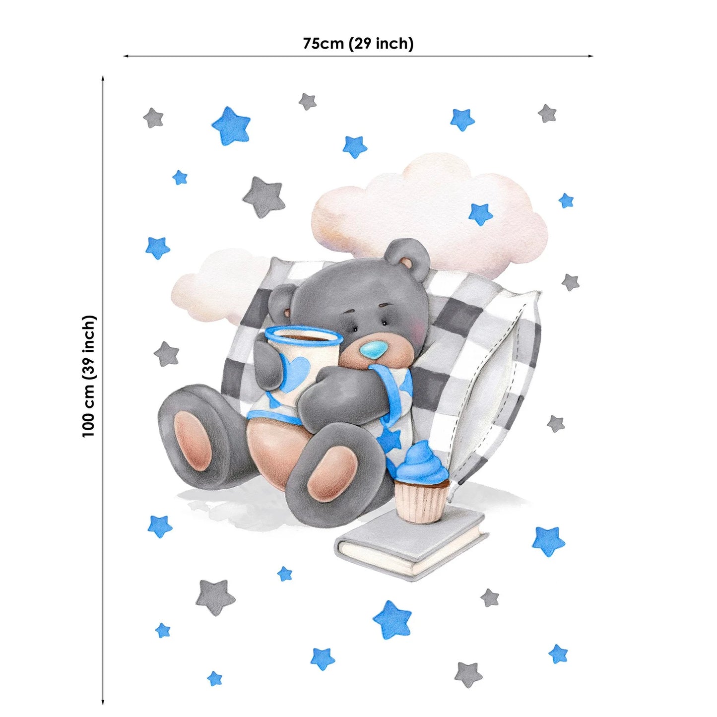 Fabric of a teddy bear with stars and measurement details on a white background