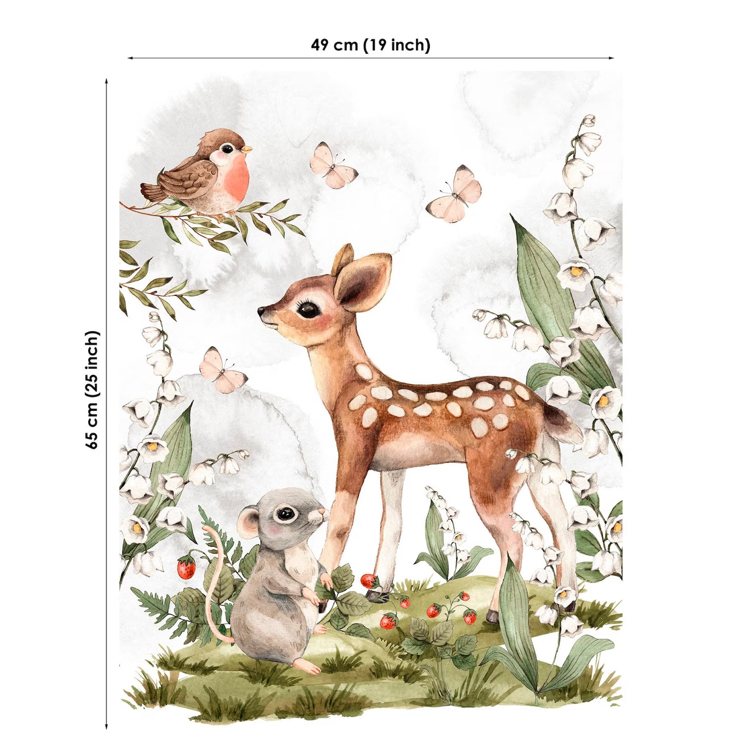 Illustration of a deer and mouse surrounded by flowers and leaves with dimensions shown.