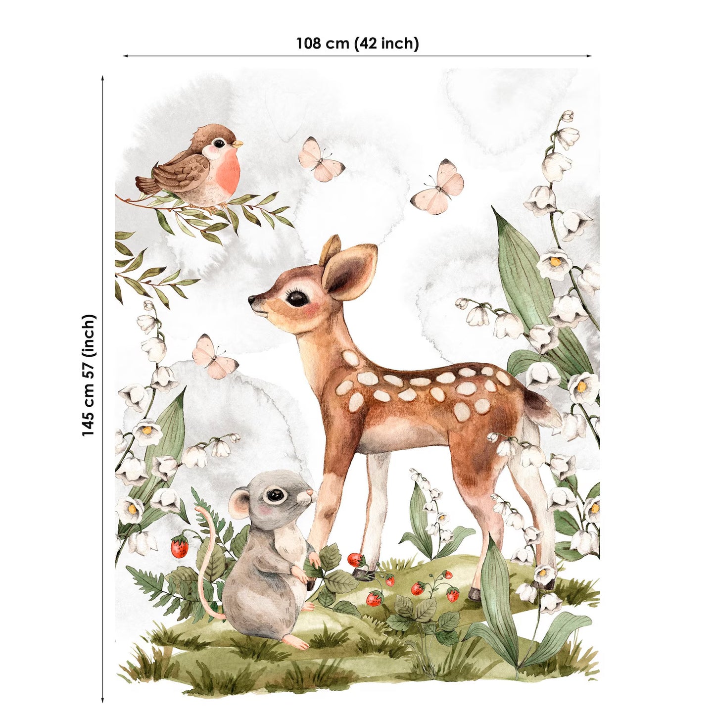 Illustration of a deer and mouse surrounded by flowers and birds with dimensions displayed.