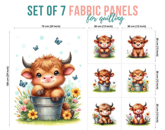 Set of 7 fabric panels for quilting with cartoon Highland Cow designs and measurements.