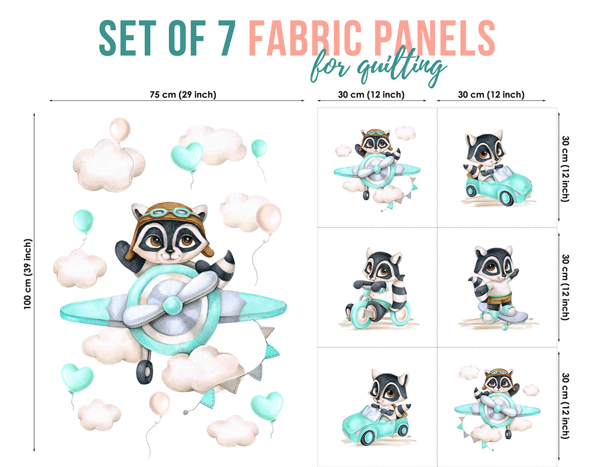 Baby Boy Raccoon Pilot Fabric Panels for Quilting