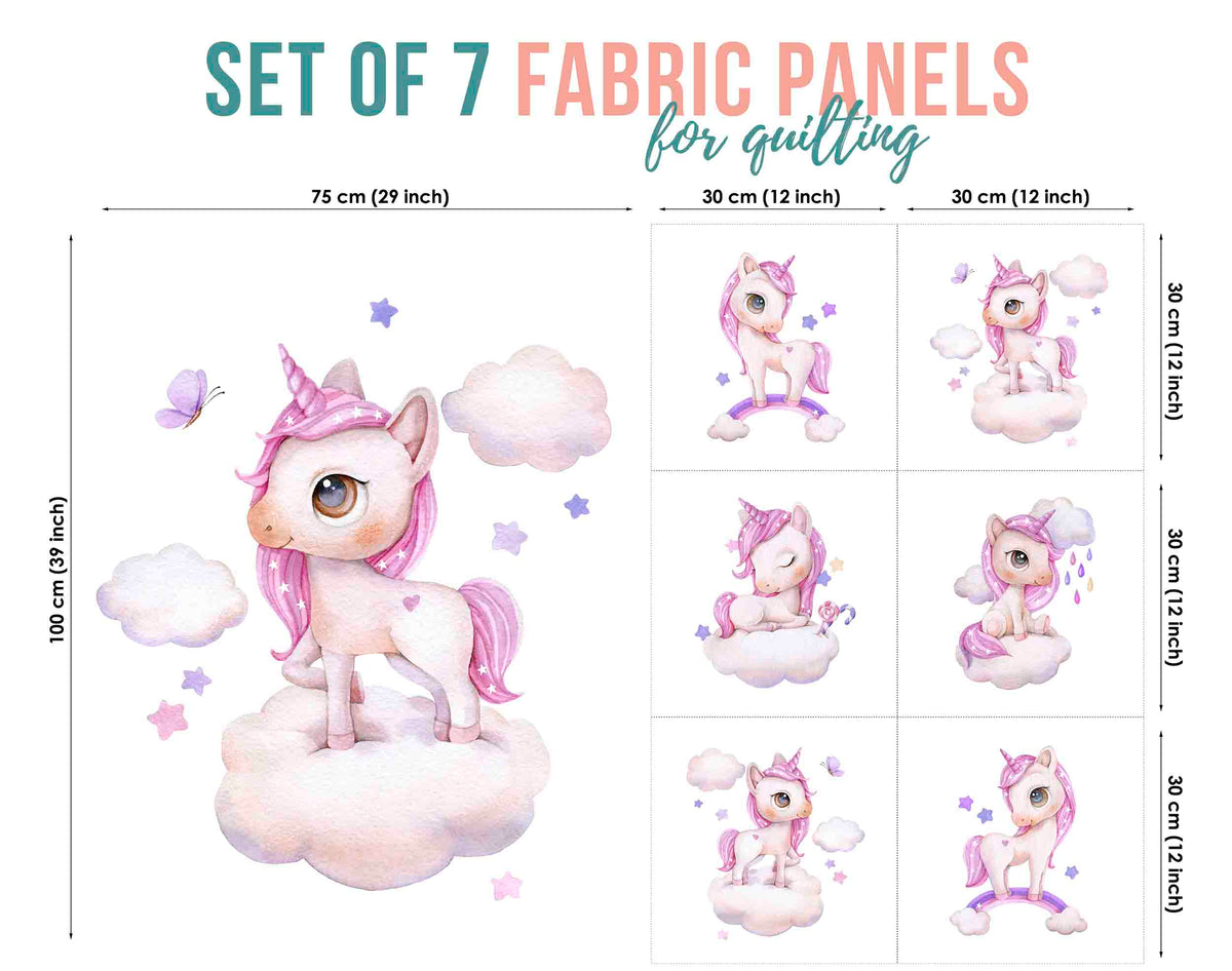Set of fabric panels of 7 fabric panels for quilting, featuring a watercolor-style unicorn on a cloud design. The left side shows a large sample panel with dimensions labeled 75 cm by 100 cm, and the right side shows six smaller panels with dimensions labeled 30 cm by 30 cm.