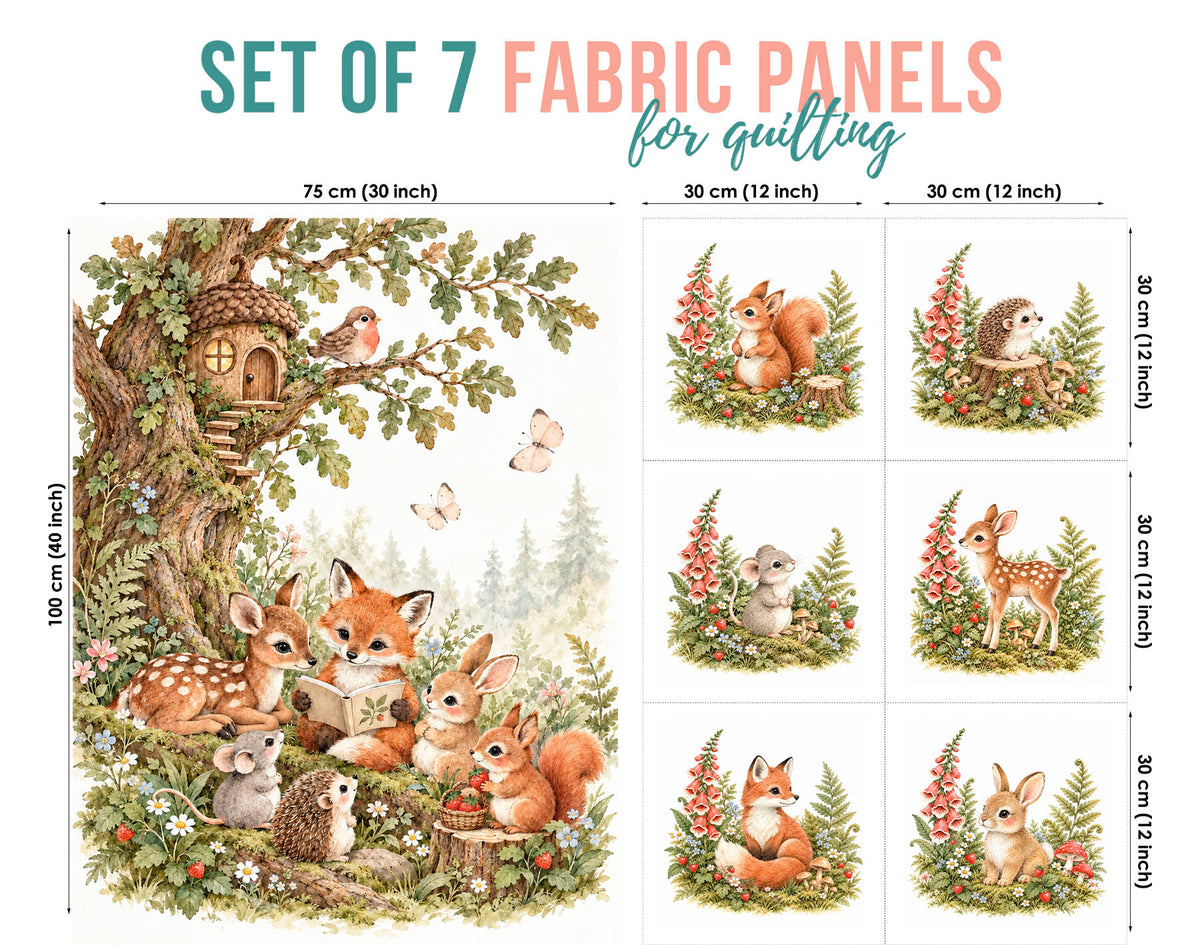 Woodland Animals Storybook Fabric Panels for Quilting