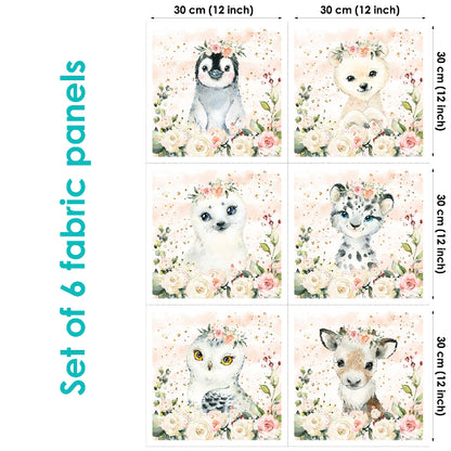 Set of 6 fabric panels featuring various animals and floral patterns in a winter theme, with measurements provided for each panel.