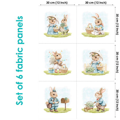 Set of 6 fabric panels featuring colorful illustrations of rabbits in various playful poses and activities, suitable for quilting or crafting.