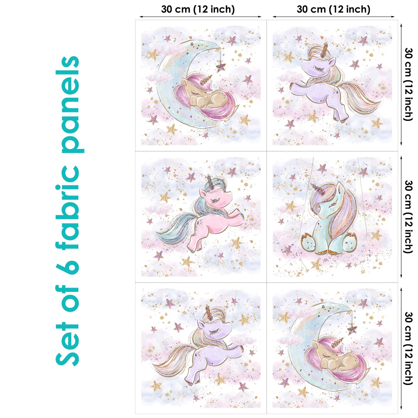 Set of 6 fabric panels featuring printed unicorn and star motifs on a white background, each measuring 30x30cm.