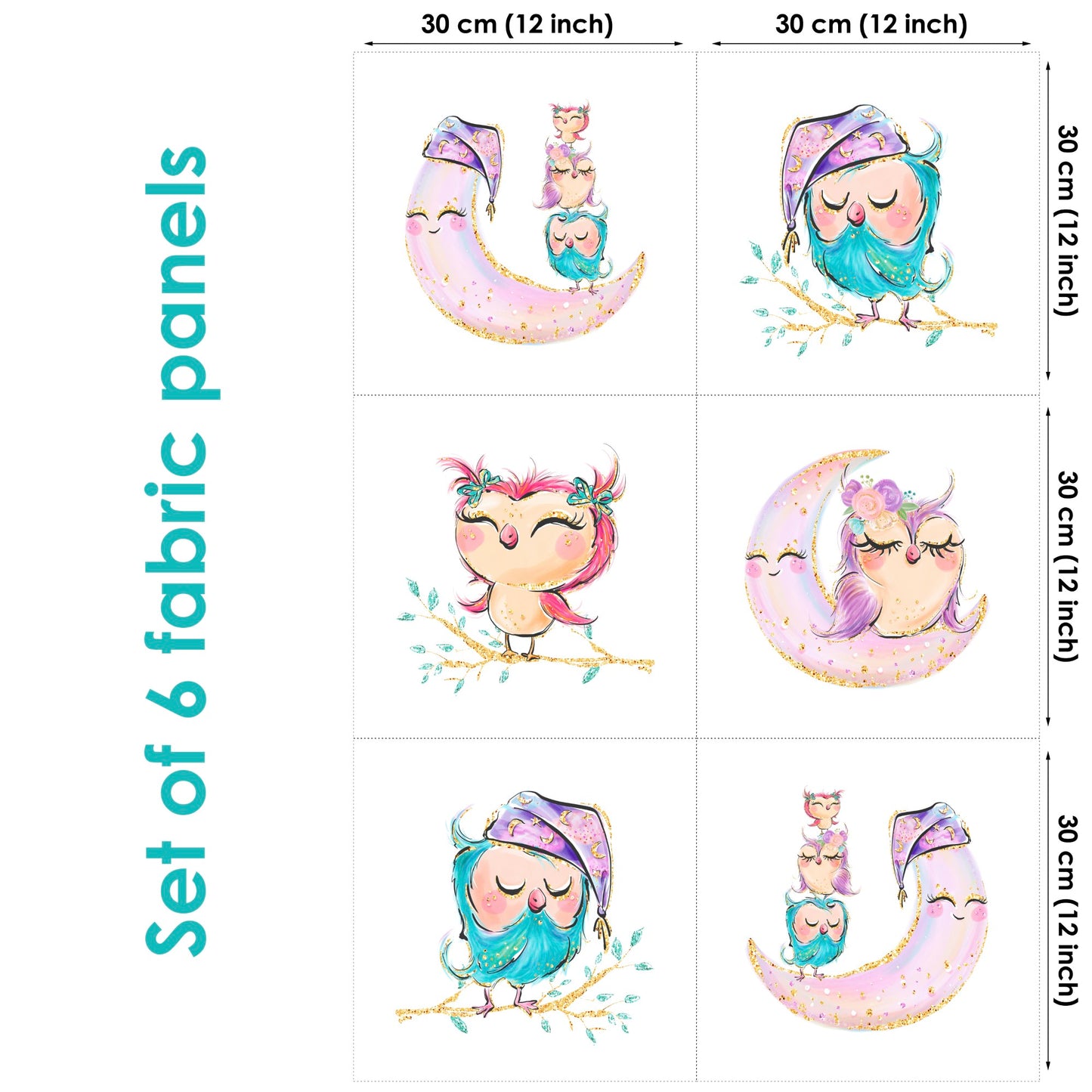 Set of 6 fabric panels featuring colorful owl illustrations on a moon and star background.