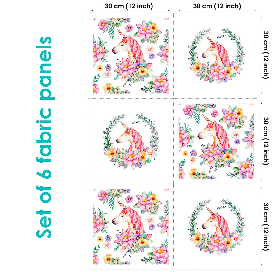 A set of six fabric panels featuring colorful floral and unicorn designs on a white background, indicating various sizes by height in centimeters.
