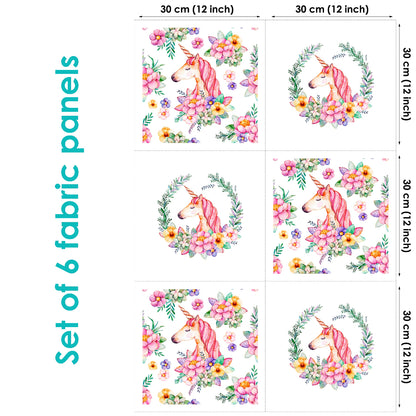 A set of six fabric panels featuring colorful floral and unicorn designs on a white background, indicating various sizes by height in centimeters.