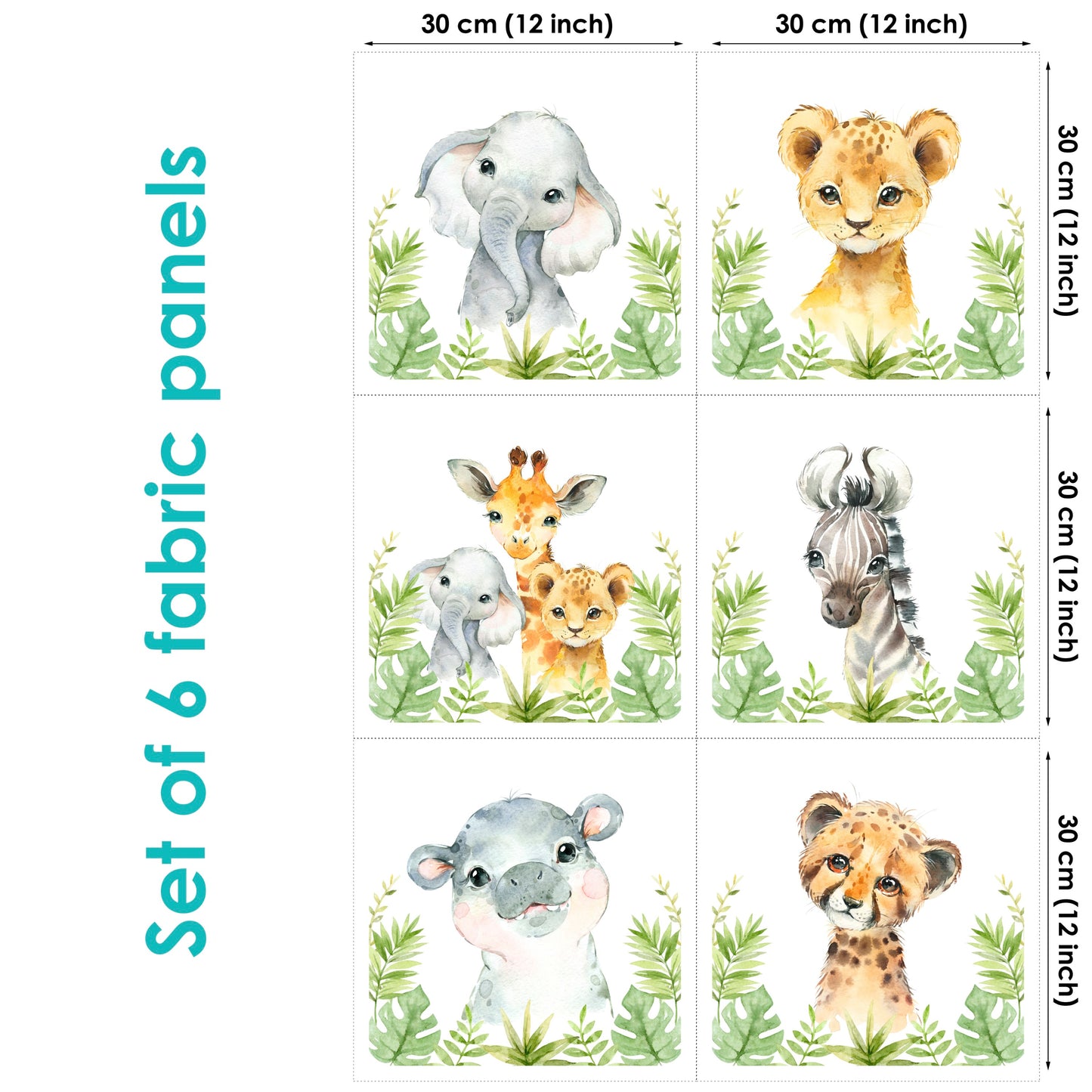 Set of 6 fabric panels with safari lion, hippo, zebra, elephant animals in green leaves, each 30 cm by 30 cm.
