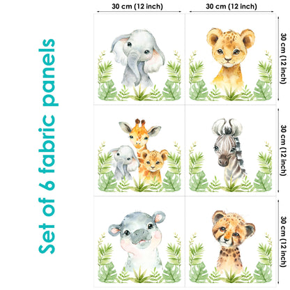 Set of 6 fabric panels with safari lion, hippo, zebra, elephant animals in green leaves, each 30 cm by 30 cm.