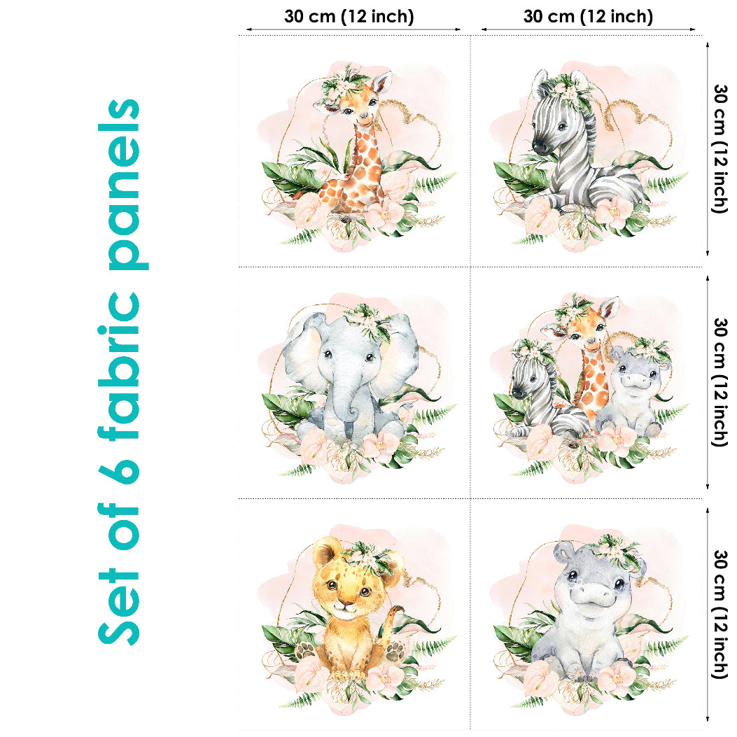 A set of six fabric panels featuring various animal designs such as lions, zebras, hippos, labeled with their sizes (30x30cm)