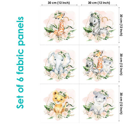 A set of six fabric panels featuring various animal designs such as lions, zebras, hippos, labeled with their sizes (30x30cm)