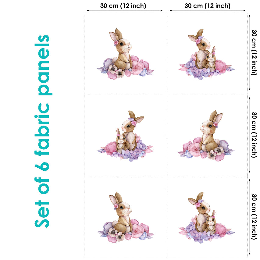 Set of 6 fabric panels featuring illustrated bunny characters in various poses and settings. Each panel is labeled with dimensions of 30cm by 30cm.