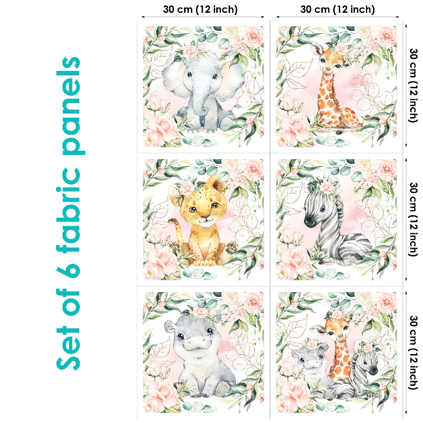 Set of 6 fabric panels with safari lion, hippo, giraffe, elephant animals in pink flowers, each 30 cm by 30 cm.
