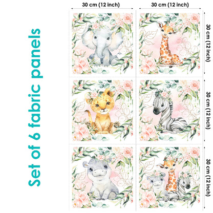 Set of 6 fabric panels with safari lion, hippo, giraffe, elephant animals in pink flowers, each 30 cm by 30 cm.