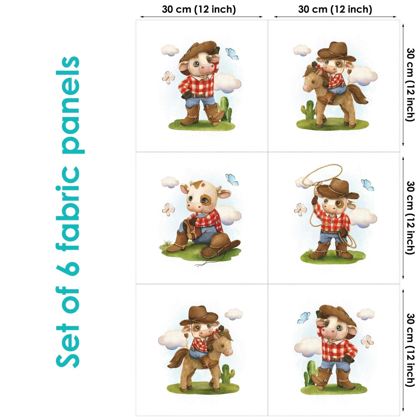 Set of 6 fabric panels featuring illustrations of a cartoon cowboy wearing a Stetson hat and riding a horse. Each panel is 30cm x 30cm.