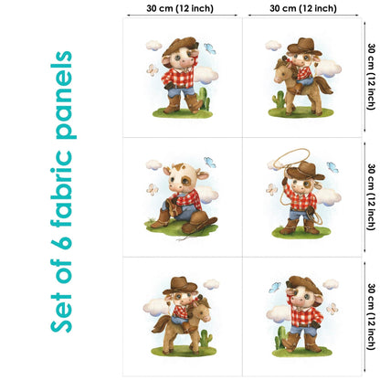 Set of 6 fabric panels featuring illustrations of a cartoon cowboy wearing a Stetson hat and riding a horse. Each panel is 30cm x 30cm.