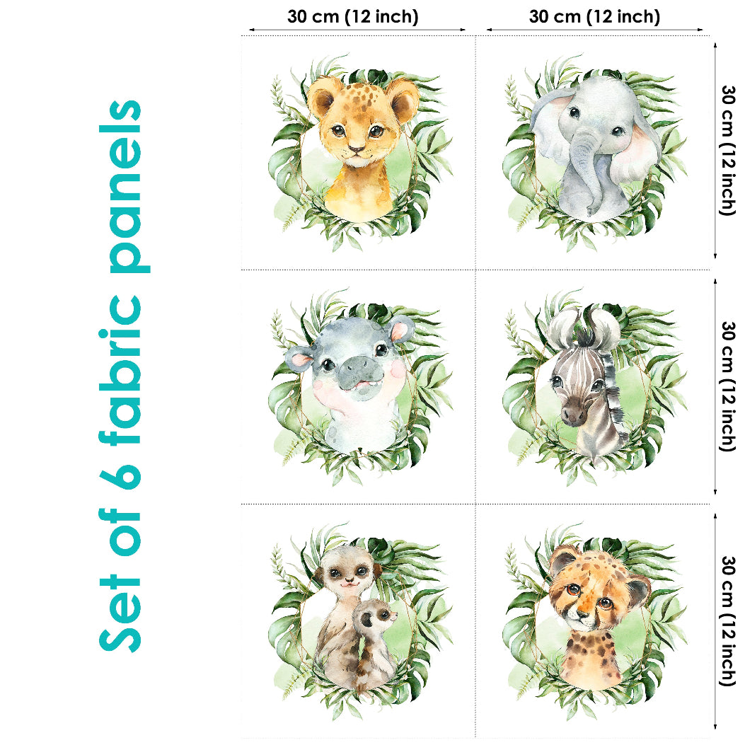 A set of six fabric panels featuring various animal designs in a jungle safari theme, with a measurement of 30cm x 30cm each, in a color palette that resembles a natural or pastel green.