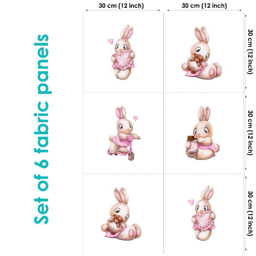 Set of 6 fabric panels featuring a cute bunny design in pink and white colors