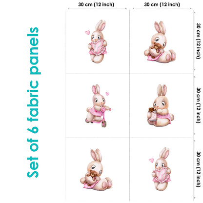 Set of 6 fabric panels featuring a cute bunny design in pink and white colors