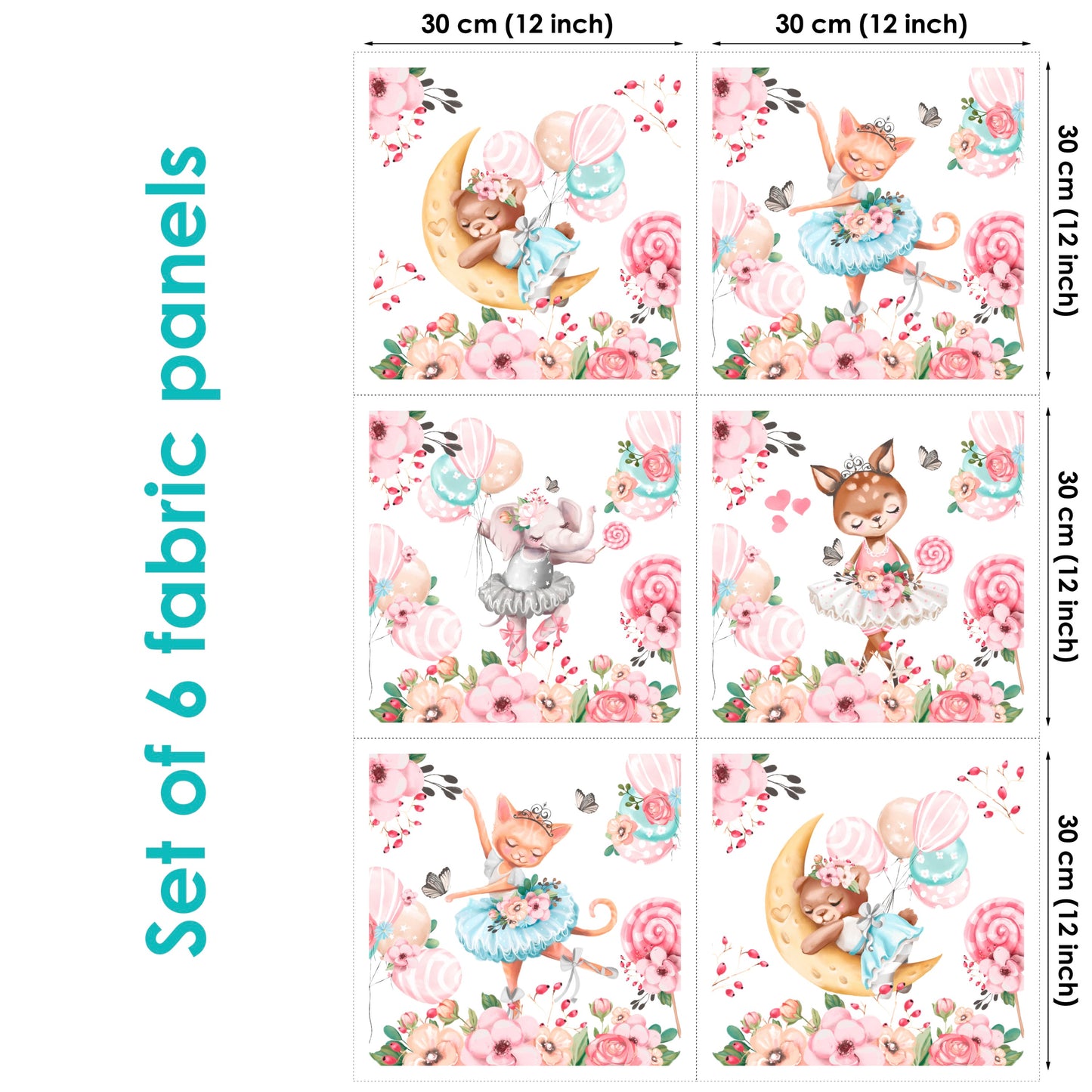 A set of six fabric panels featuring ballet-themed illustrations with various characters and floral elements on a pink background.