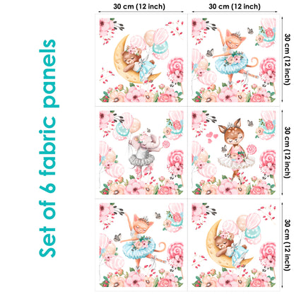 A set of six fabric panels featuring ballet-themed illustrations with various characters and floral elements on a pink background.