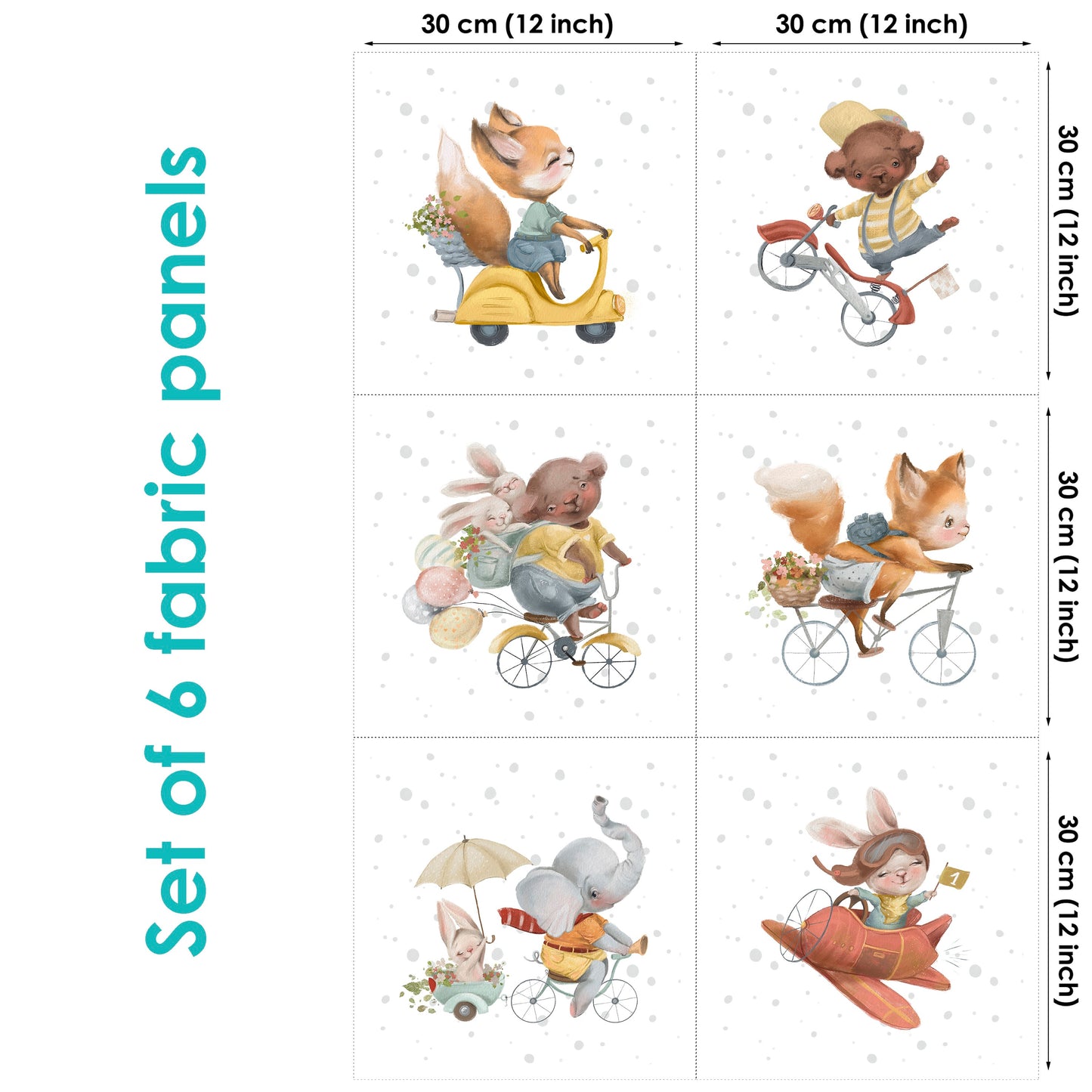 A set of six fabric panels featuring colorful illustrations of various cartoon animals and characters in whimsical situations, such as riding bicycles and playing musical instruments.