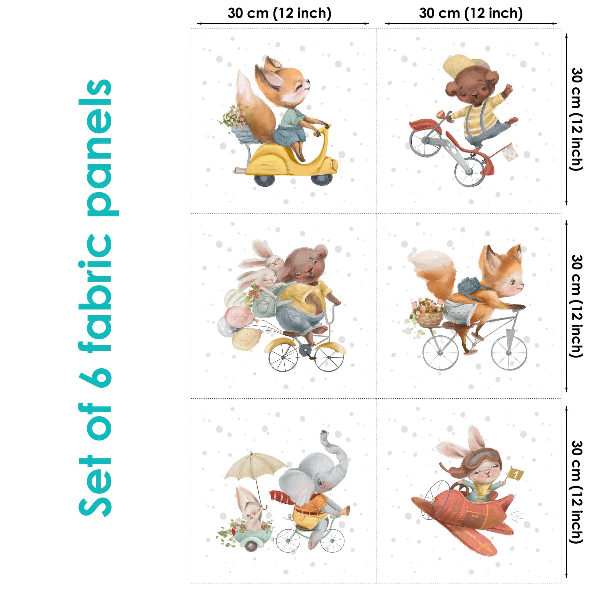 A set of six fabric panels featuring colorful illustrations of various cartoon animals and characters in whimsical situations, such as riding bicycles and playing musical instruments.
