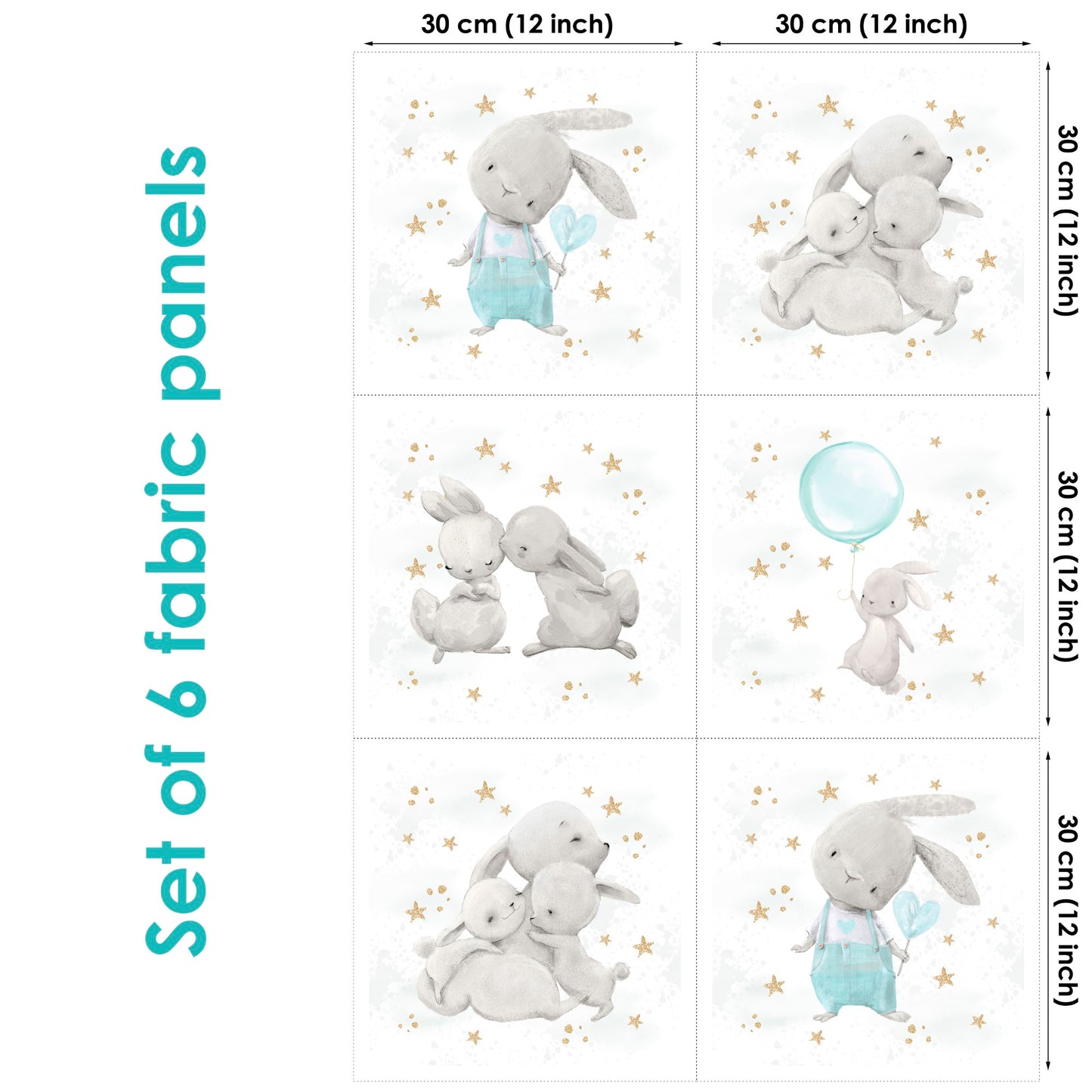 Set of 6 fabric panels featuring cute bunny designs on a white background with stars and a balloon illustration in one panel.