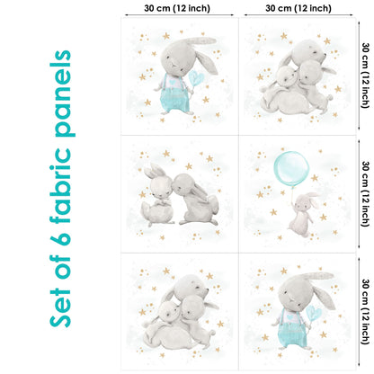 Set of 6 fabric panels featuring cute bunny designs on a white background with stars and a balloon illustration in one panel.
